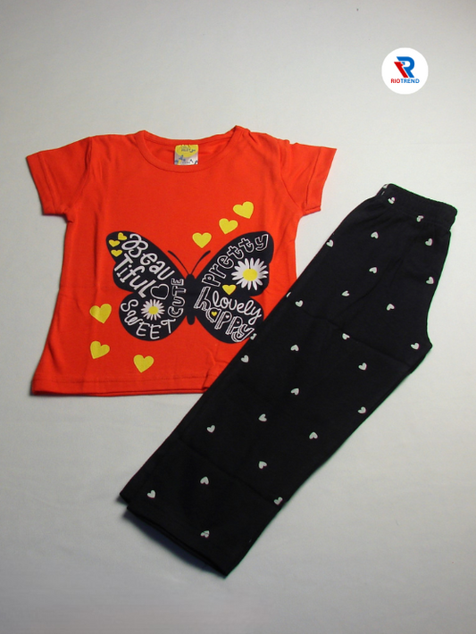 Girls Cotton T-Shirt and Pant Set in Red and Black Color