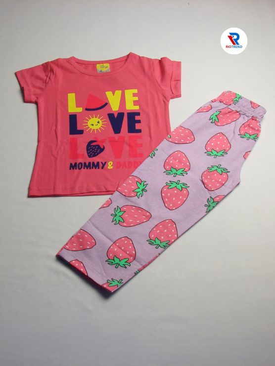 Girls Cotton T-Shirt and Pant Set in Red and Light Pink Color