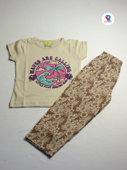 Girls Cotton T-Shirt and Pant Set in Tan and Bronze Color