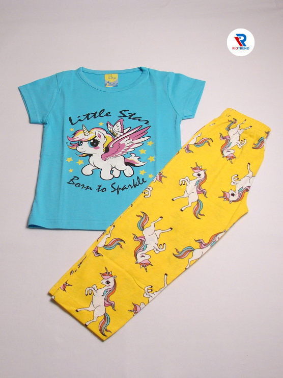 Girls Set Cotton T-Shirt and Pant Cyan and Yellow Color