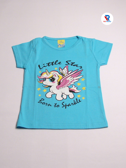 Girls Set Cotton T-Shirt and Pant Cyan and Yellow Color