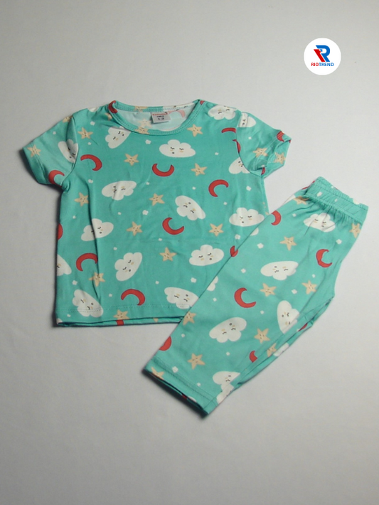 Girl's Cotton Pyjama Set Cyan Color