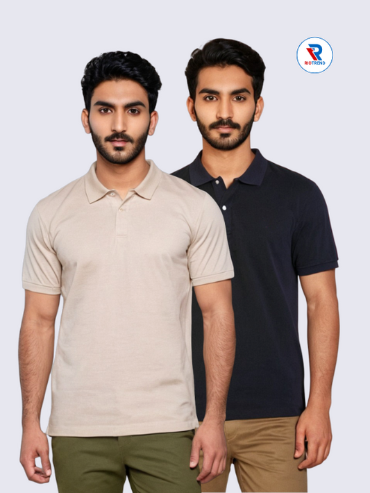 Men’s Premium Cotton Polo T-Shirt Pack – Navy Blue and Cream (Pack of 2)