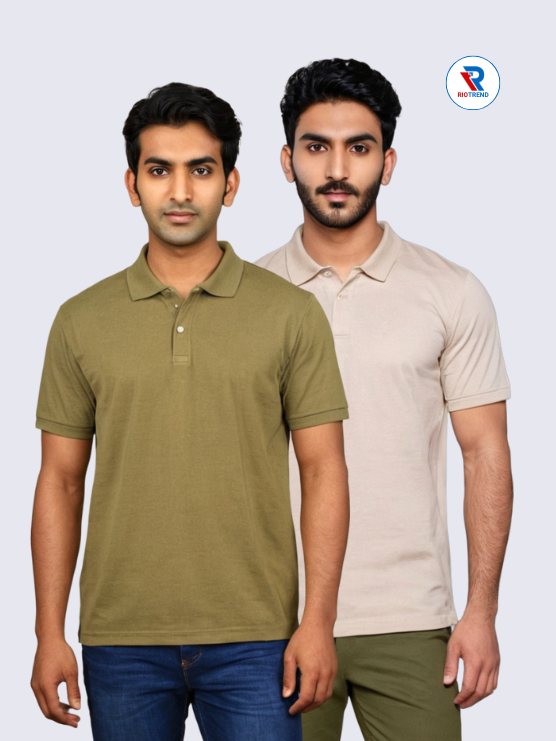 Men's Polo Collar Cotton T-Shirt Cream and Green Combo (Pack of 2)