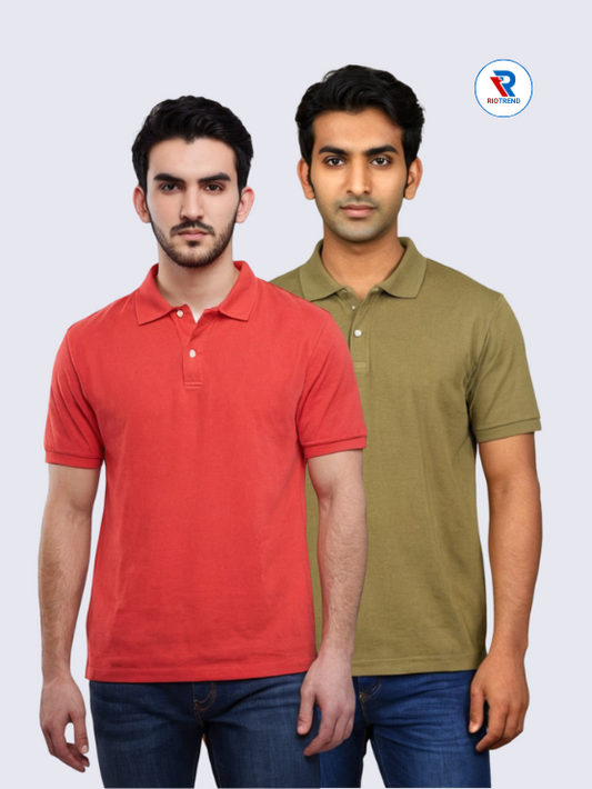 Men’s Premium Cotton Polo T-Shirt Set – Green and Red Combo (Pack of 2)