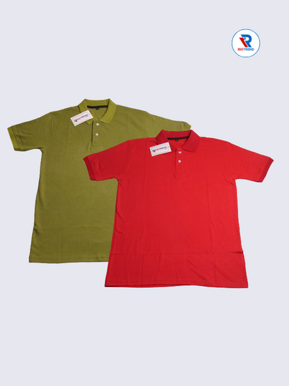 Front view of RioTrend men's polo t-shirt combo in green and red, showcasing classic collars and a sleek design