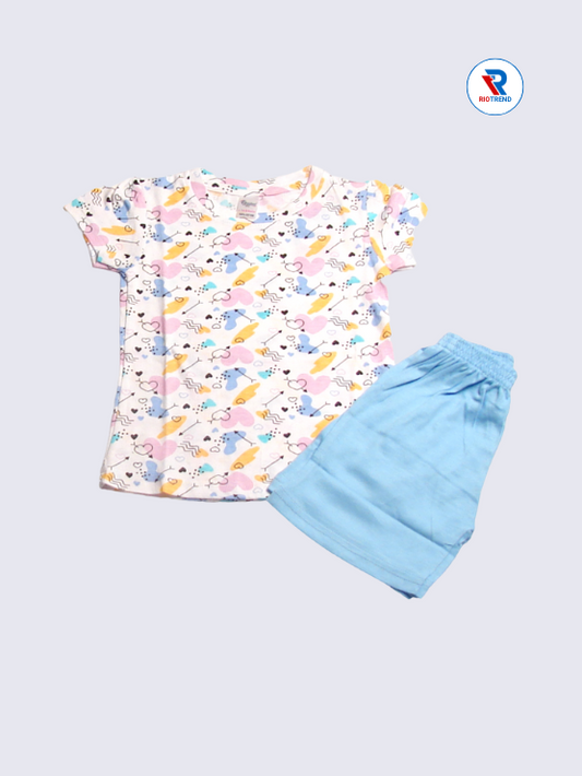 Newborn baby girls set, T-shirt and shorts in white and cyan, size 12-18 months by RioTrend