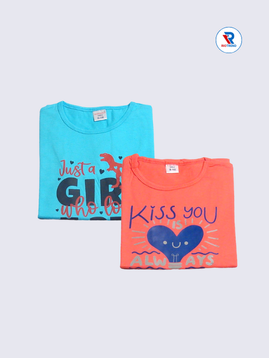 Girls Cotton T-Shirt Combo - Cyan and Coral Pink - Pack of 2