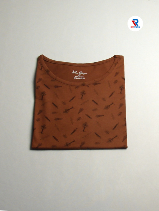 Women's brown half-sleeve t-shirt, folded neatly, showcasing a smooth finish and classic design, from RioTrend