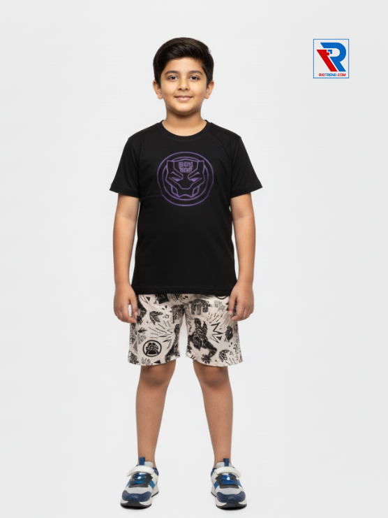 Boys clothing set 2–10 years featuring black t‑shirt and cream shorts, front view Riotrend kids fashion.