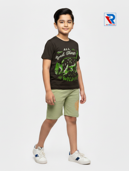 Boys clothing set 2–10 years with black t‑shirt and light green shorts, relaxed side view by Riotrend.