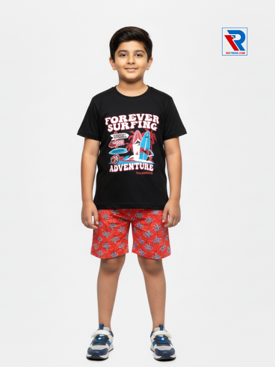 Boys clothing set 2–10 years featuring black t‑shirt and scarlet shorts, front view Riotrend kids fashion.