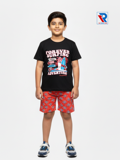 Boys clothing set 2–10 years featuring black t‑shirt and scarlet shorts, front view Riotrend kids fashion.