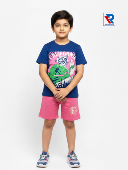 Boys clothing set 2–10 years blue t-shirt and pink shorts, folded arms pose Riotrend apparel.