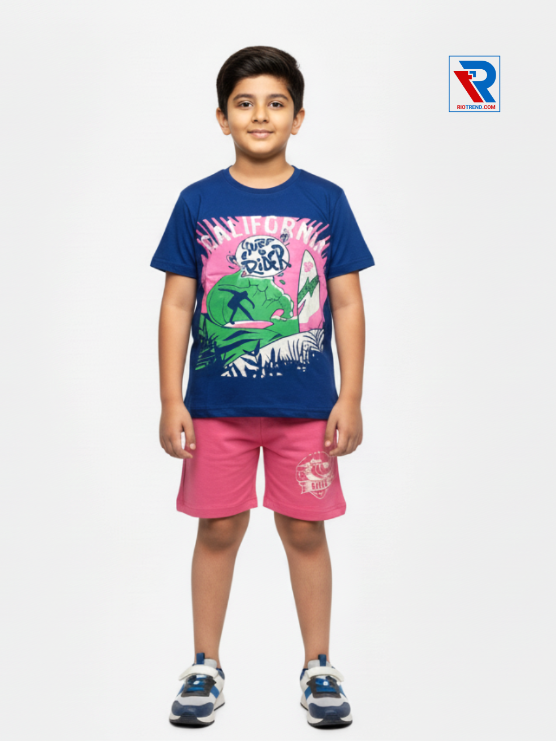 Boys clothing set 2–10 years featuring blue t-shirt and pink shorts, front view Riotrend kids fashion.