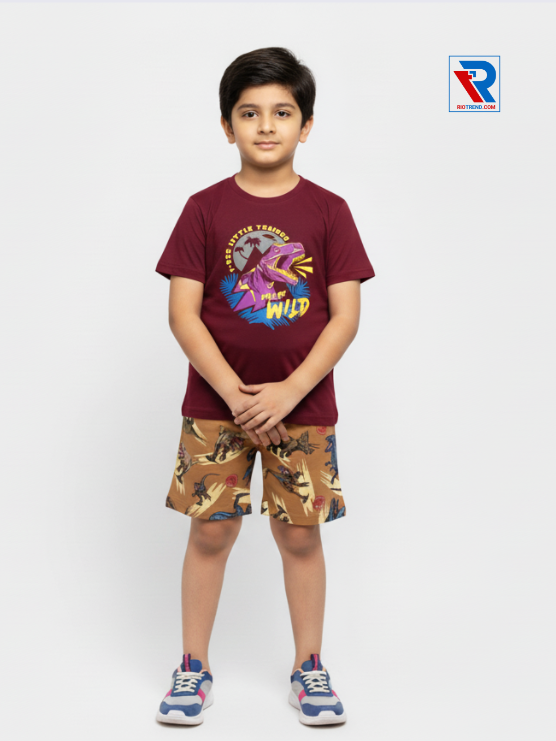 Boys clothing set 2–10 years brown t‑shirt and dark burgundy shorts, folded arms pose Riotrend apparel.