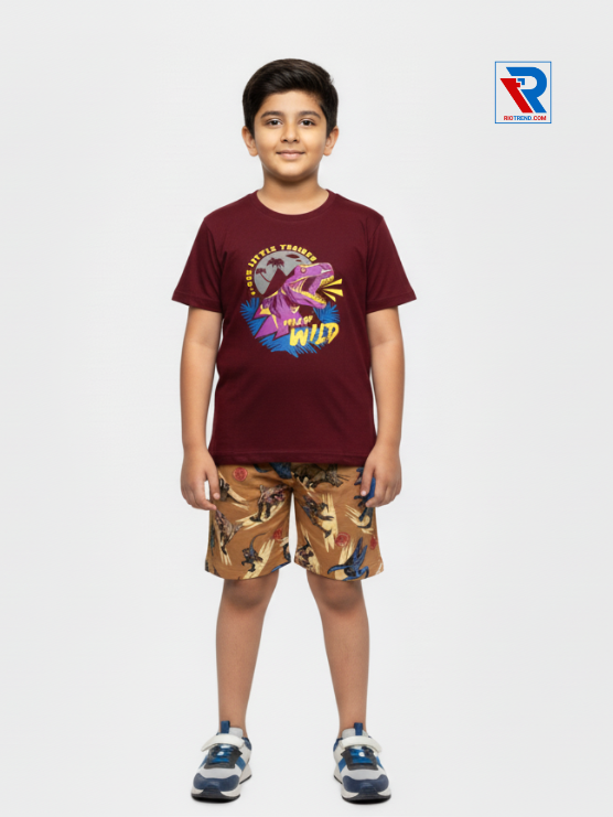 Boys clothing set 2–10 years featuring brown t‑shirt and dark burgundy shorts, front view Riotrend kids fashion.