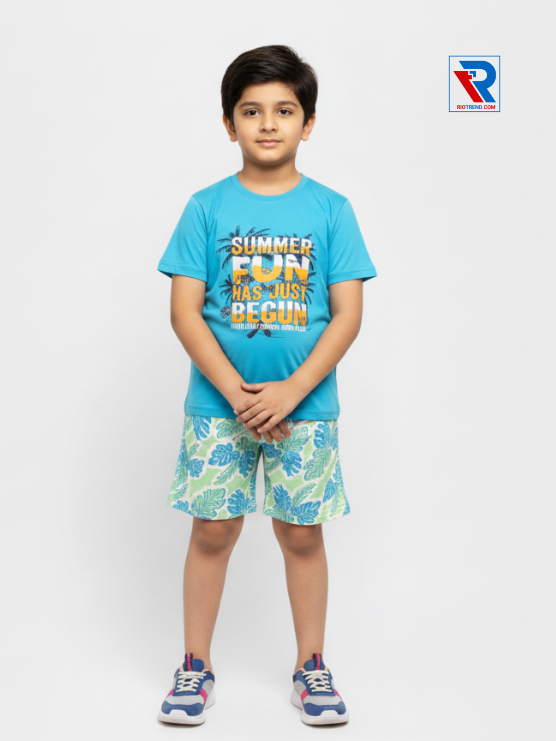 Boys clothing set 2–10 years cyan t‑shirt and light green shorts, folded arms pose Riotrend apparel.