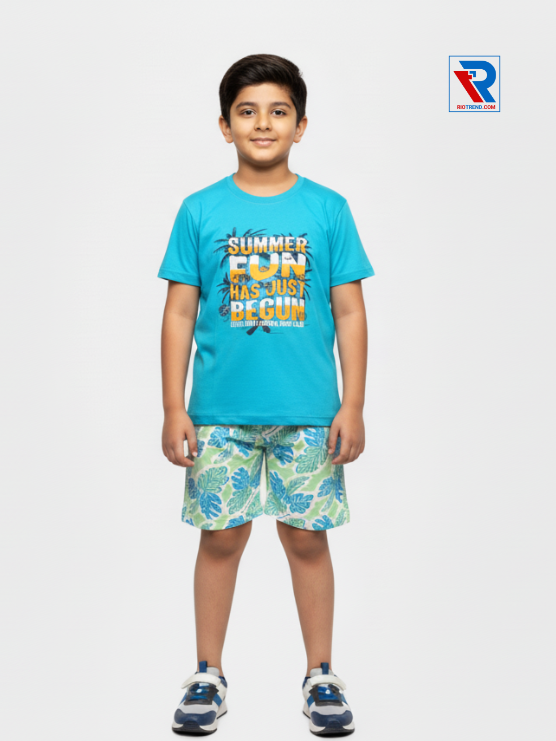 Boys clothing set 2–10 years featuring cyan t‑shirt and light green shorts, front view Riotrend kids fashion.