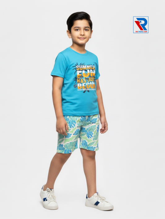Boys clothing set 2–10 years with cyan t‑shirt and light green shorts, relaxed side view by Riotrend.