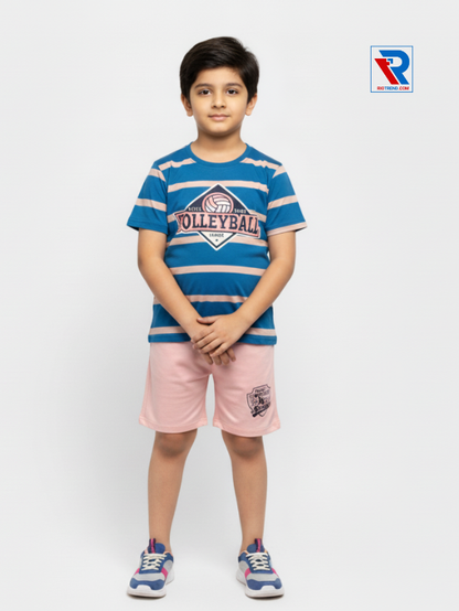 Boys clothing set 2–10 years dark blue t‑shirt and pink shorts, folded arms pose Riotrend apparel.