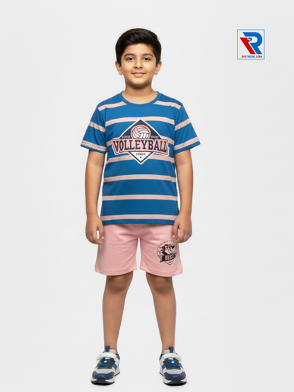Boys clothing set 2–10 years featuring dark blue t‑shirt and pink shorts, front view Riotrend kids fashion.