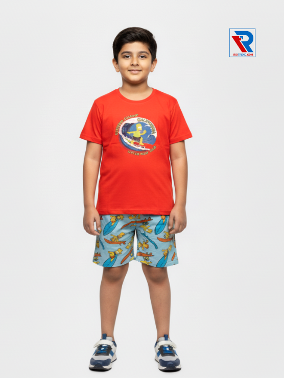 Boys clothing set 2–10 years featuring orange t‑shirt and cyan shorts, front view Riotrend kids fashion.