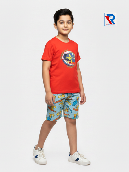 Boys clothing set 2–10 years with orange t‑shirt and cyan shorts, relaxed side view by Riotrend.