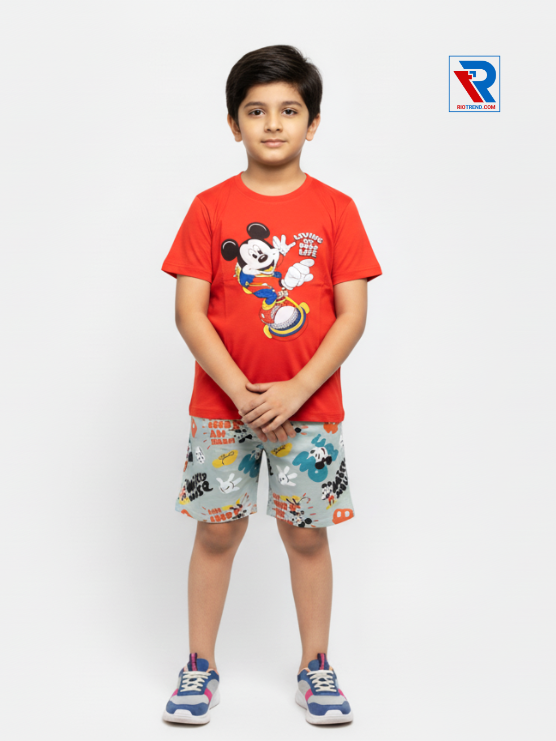 Boys clothing set 2–10 years red t‑shirt and ash gray shorts, folded arms pose Riotrend apparel.