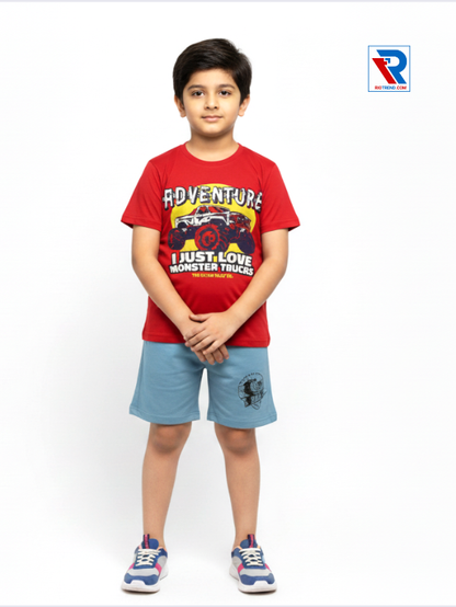 Boys clothing set 2–10 years red t‑shirt and blue shorts, folded arms pose Riotrend apparel.