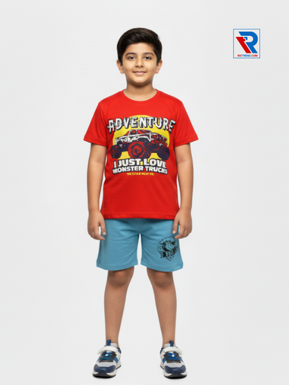 Boys clothing set 2–10 years featuring red t‑shirt and blue shorts, front view Riotrend kids fashion.