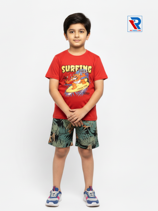 Boys clothing set 2–10 years red t‑shirt and laurel green shorts, folded arms pose Riotrend apparel.