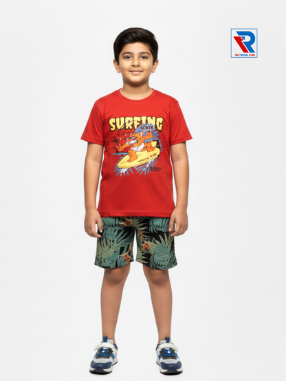 Boys clothing set 2–10 years featuring red t‑shirt and laurel green shorts, front view Riotrend kids fashion.