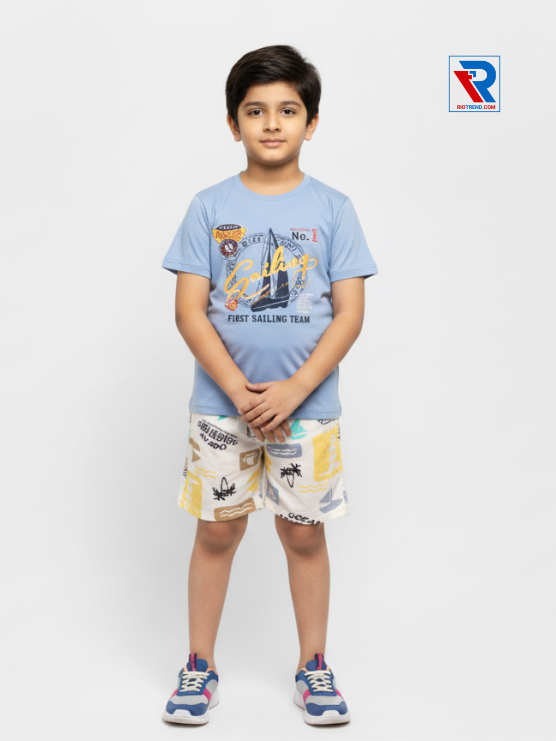 Boys clothing set 2–10 years silver t‑shirt and pearl shorts, folded arms pose Riotrend apparel.