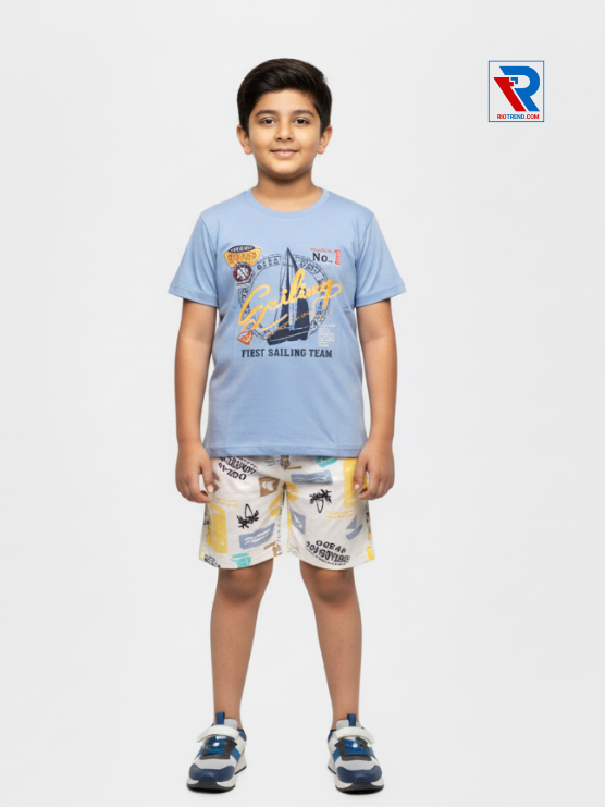 Boys clothing set 2–10 years featuring silver t‑shirt and pearl shorts, front view Riotrend kids fashion.