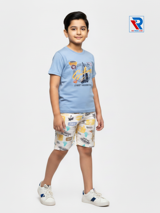 Boys clothing set 2–10 years with silver t‑shirt and pearl shorts, relaxed side view by Riotrend.