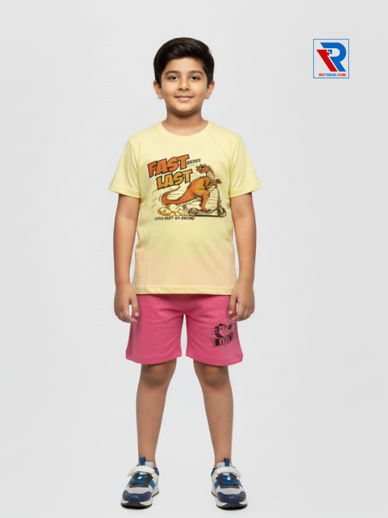 Boys clothing set 2–10 years featuring yellow t‑shirt and pink shorts, front view Riotrend kids fashion.