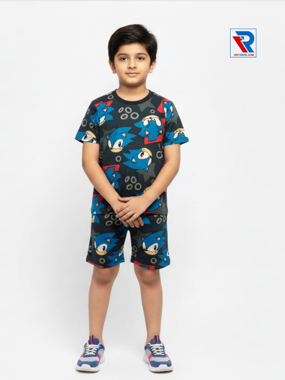 Boys’ black and blue t-shirt and shorts set for ages 2–10 years, folded arms view – Riotrend stylish outfit.