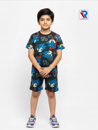 Boys’ black and blue t-shirt and shorts set for ages 2–10 years, folded arms view – Riotrend stylish outfit.