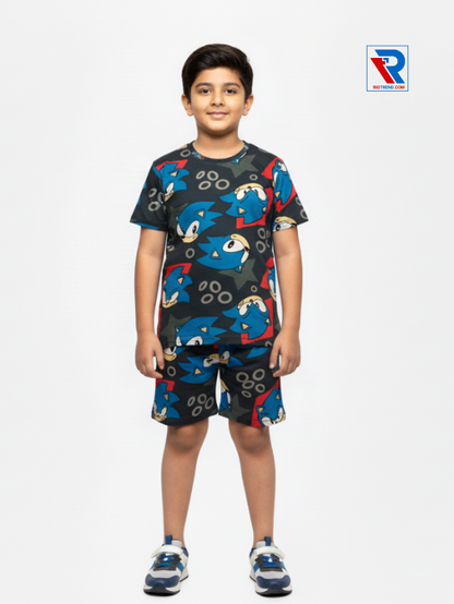 Boys’ black and blue t-shirt and shorts set for ages 2–10 years, front view – Riotrend stylish outfit.