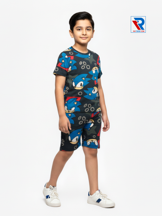 Boys’ black and blue t-shirt and shorts set for ages 2–10 years, side view – Riotrend stylish outfit.