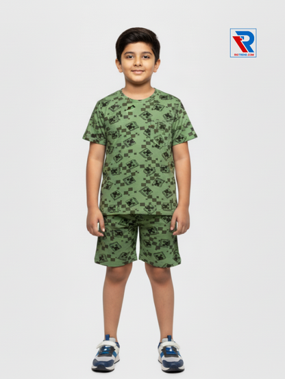 Boys’ camouflage green t-shirt and shorts set for ages 2–10 years, front view – Riotrend stylish outfit.