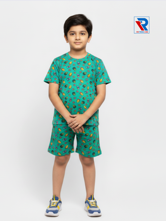 Boys’ Caribbean green t-shirt and shorts set for ages 2–10 years, folded arms view – Riotrend stylish outfit.