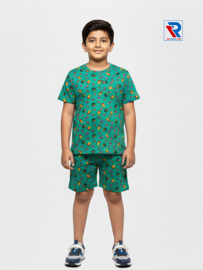 Boys’ Caribbean green t-shirt and shorts set for ages 2–10 years, front view – Riotrend stylish outfit.