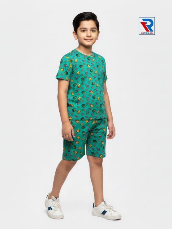 Boys’ Caribbean green t-shirt and shorts set for ages 2–10 years, side view – Riotrend stylish outfit.
