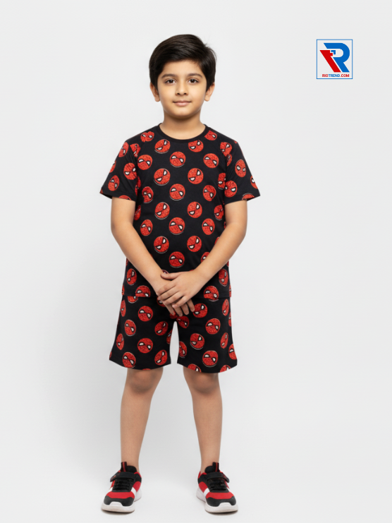 Boys’ charcoal black t-shirt and shorts set for ages 2–10 years, folded arms view – Riotrend stylish outfit.