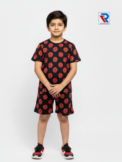 Boys’ charcoal black t-shirt and shorts set for ages 2–10 years, folded arms view – Riotrend stylish outfit.