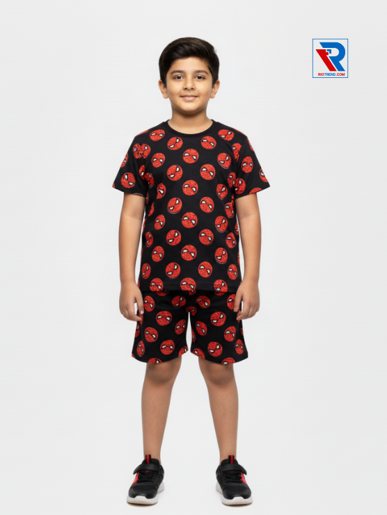 Boys’ charcoal black t-shirt and shorts set for ages 2–10 years, front view – Riotrend stylish outfit.