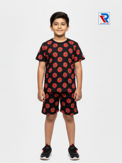 Boys’ charcoal black t-shirt and shorts set for ages 2–10 years, front view – Riotrend stylish outfit.