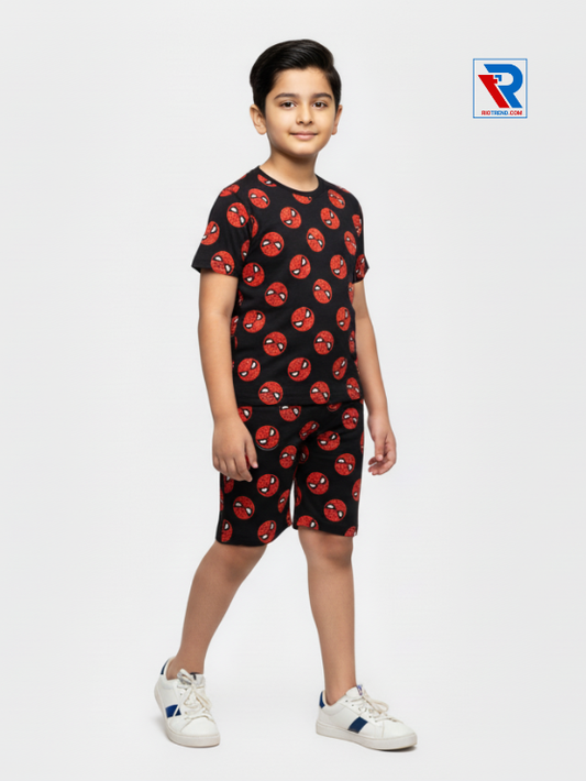 Boys’ charcoal black t-shirt and shorts set for ages 2–10 years, side view – Riotrend stylish outfit.